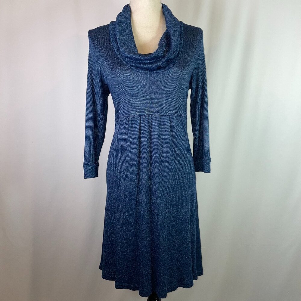 Michael Stars Maternity Cowl Neck Dress Blue with Sheen 3/4 Sleeves Fitted OS